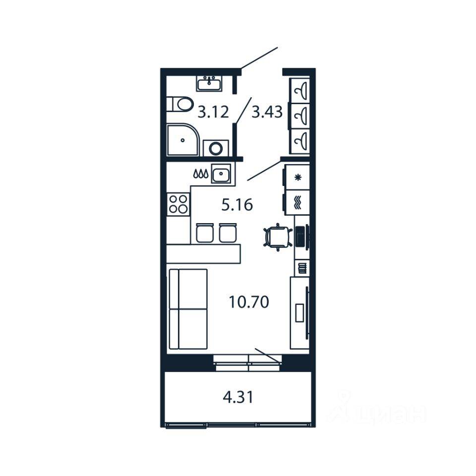 Квартира-студия, 24,56 м², в ЖК Полис Новоселье
