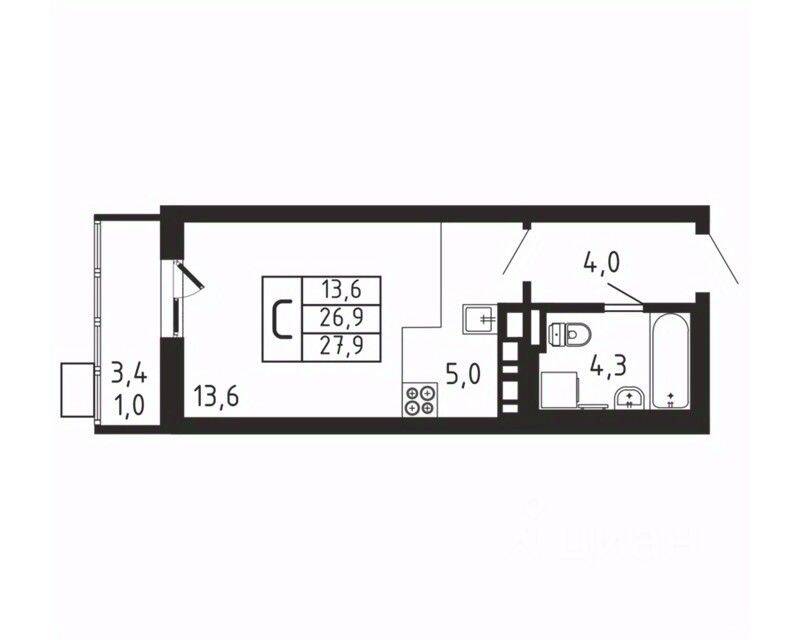 Квартира-студия, 27,9 м², в ЖК «Пироговская Ривьера»