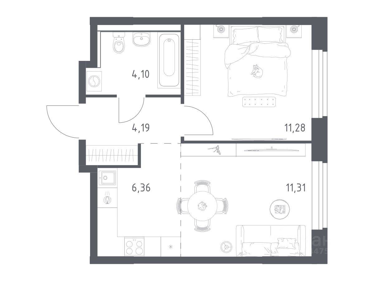 1-комн. квартира, 37,24 м², в ЖК «Пригород Лесное»