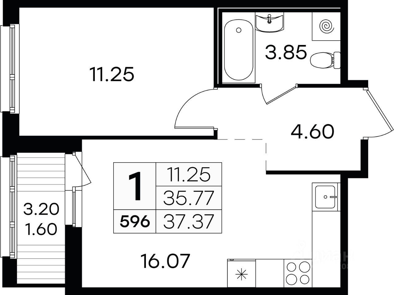1-комн. квартира, 37,4 м², в ЖК GloraX Парголово