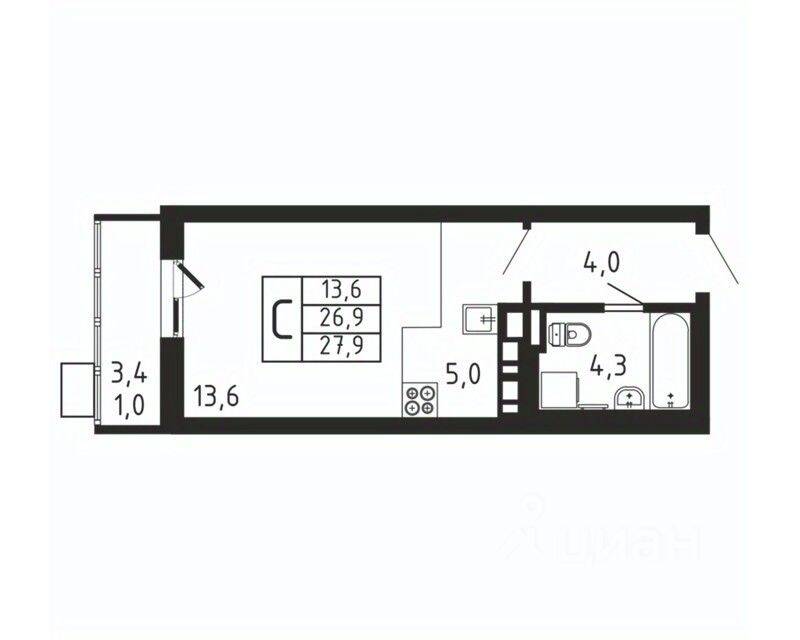 Квартира-студия, 27,9 м², в ЖК «Пироговская Ривьера»
