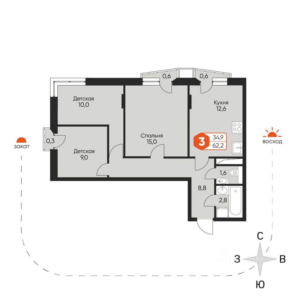 3-комн. квартира, 61,2 м², в ЖК Фрунзенский