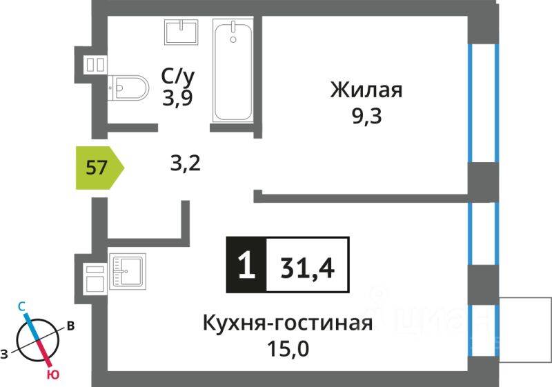 Квартира-студия, 31,4 м², в ЖК Никольский квартал Отрада