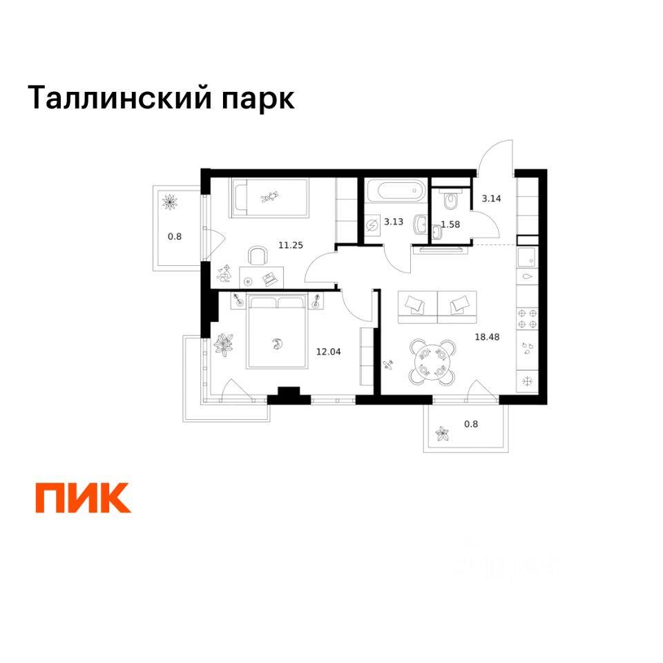 2-комн. квартира, 51,22 м², в ЖК Таллинский парк