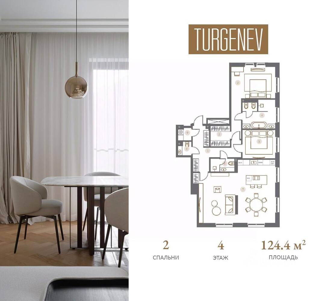 2-комн. квартира, 124,4 м², в ЖК Turgenev