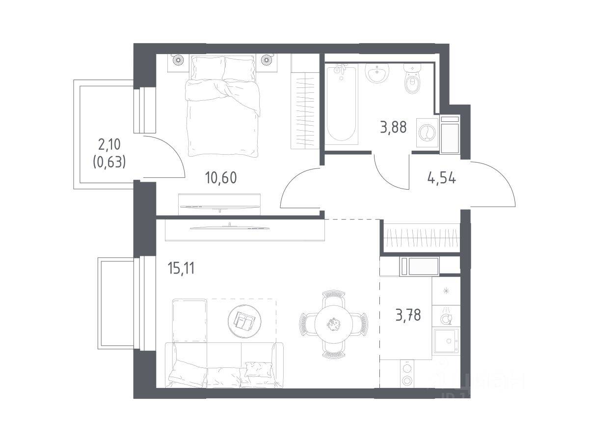 1-комн. квартира, 38,2 м², в ЖК Томилино Парк