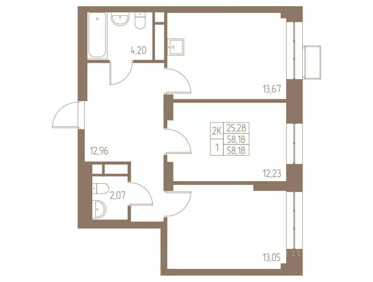 2-комн. квартира, 58,18 м², в ЖК Фабрикант