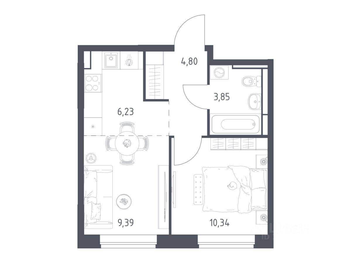 1-комн. квартира, 34,61 м², в ЖК Богдановский Лес