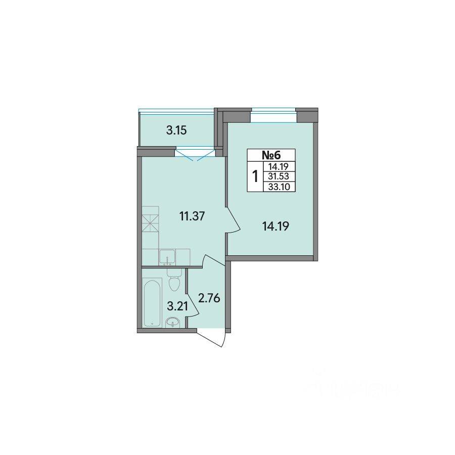 1-комн. квартира, 33,11 м², в ЖК Рождественский квартал