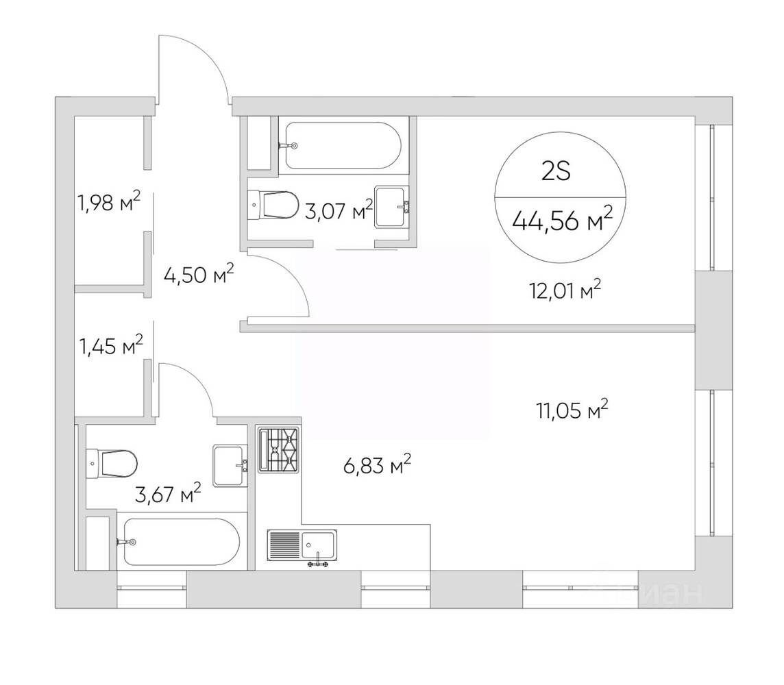1-комн. квартира, 44,7 м², в Апарт-комплекс N'ice loft