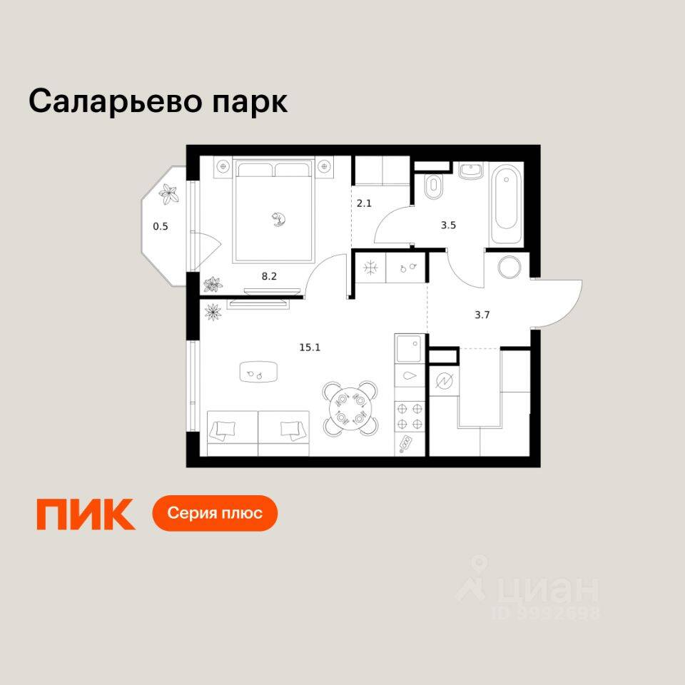 1-комн. квартира, 37,1 м², в ЖК «Саларьево парк»