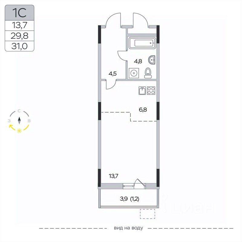 Квартира-студия, 31 м², в ЖК «Пироговская Ривьера»