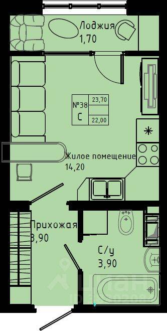 Планировка 1 комнатной квартиры, 23.7 м², в «Pixel»