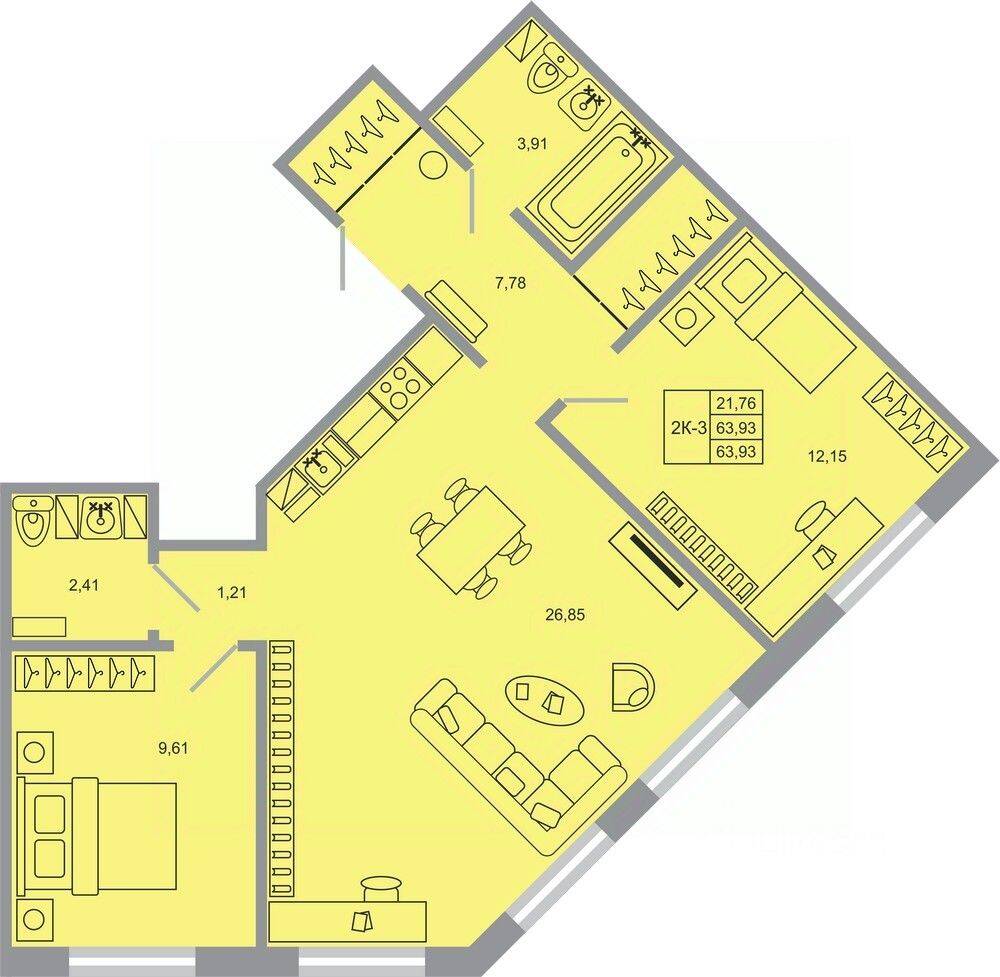 2-комн. квартира, 63,93 м², в ЖК Стороны света-2