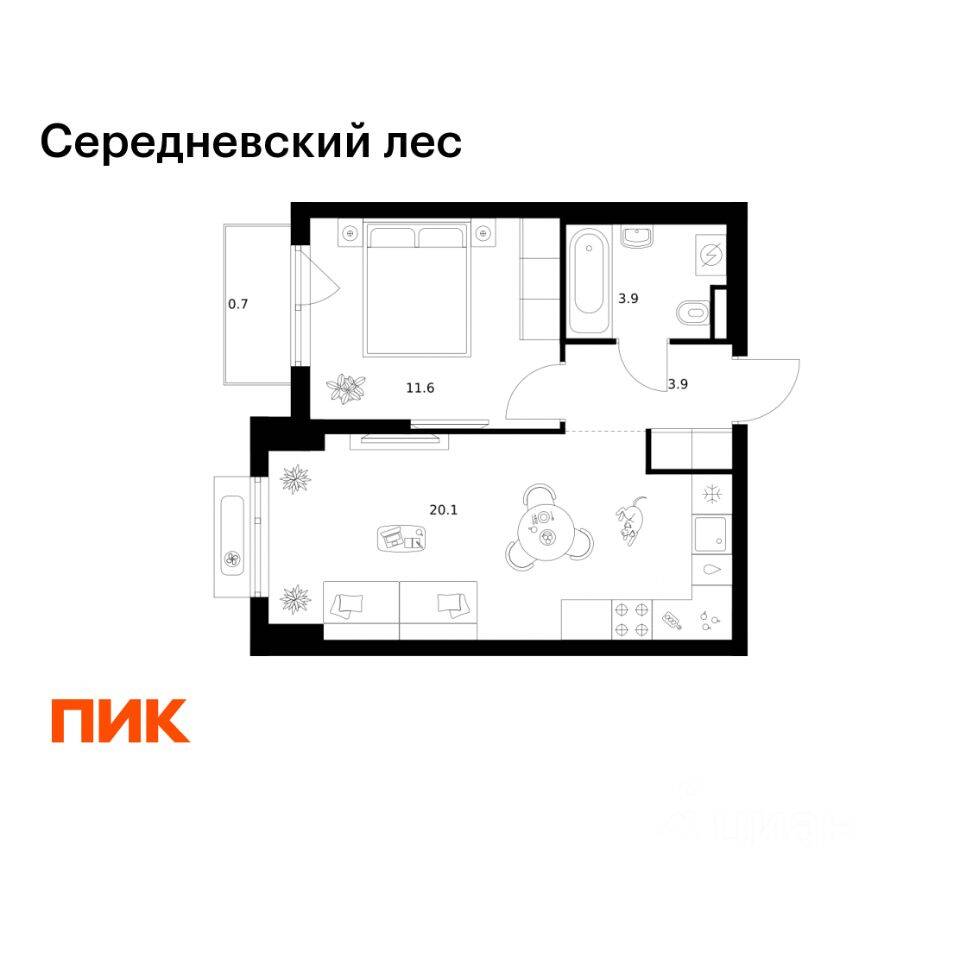 1-комн. квартира, 40,2 м², в ЖК Середневский лес