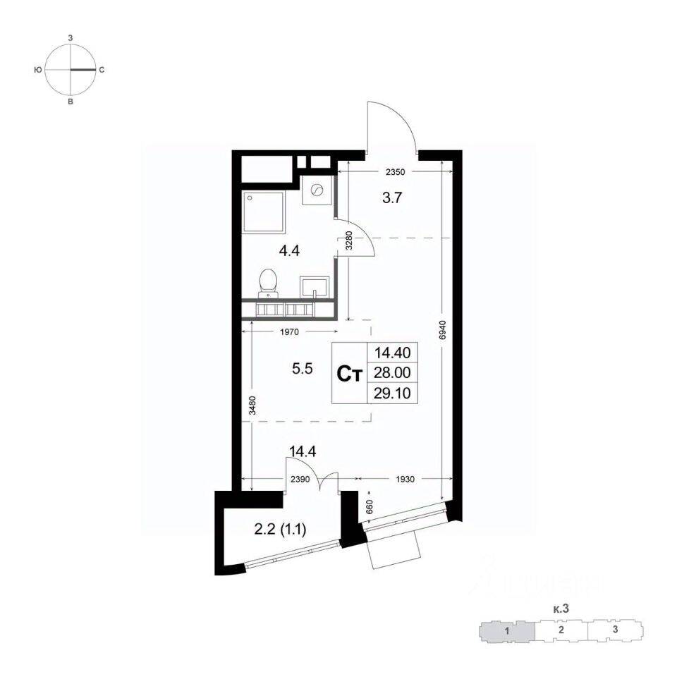 Квартира-студия, 28 м², в ЖК «Легенда Коренево»