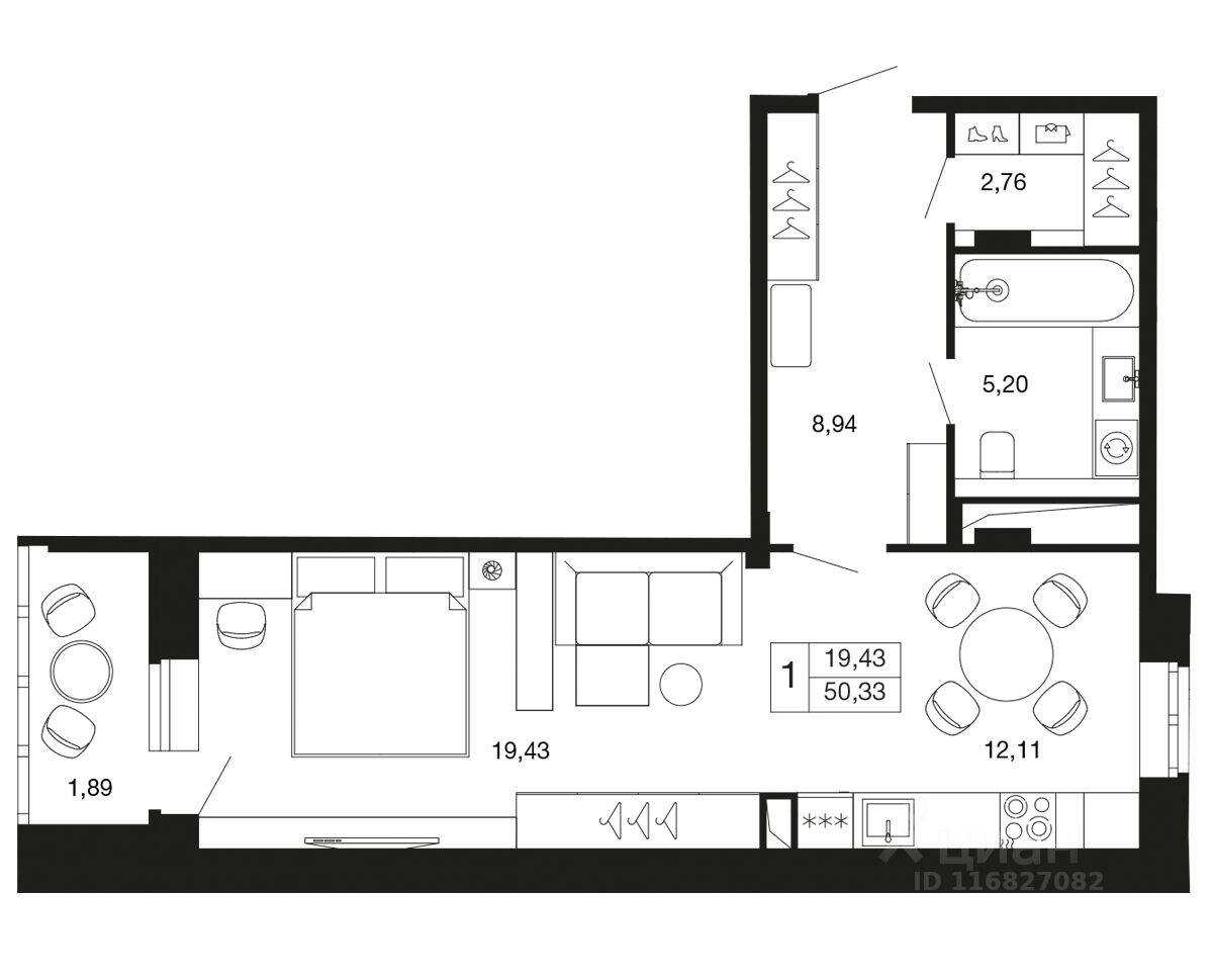 Квартира-студия, 50,3 м², в ЖК «Времена года»
