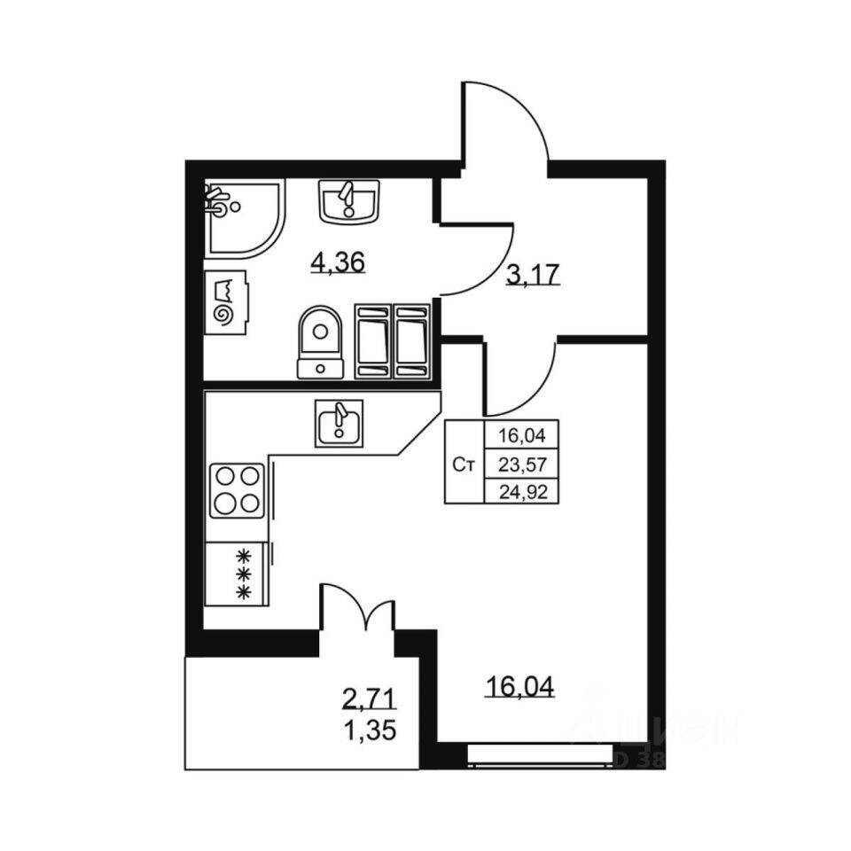Квартира-студия, 24,92 м², в ЖК «Высота» (Бугры)