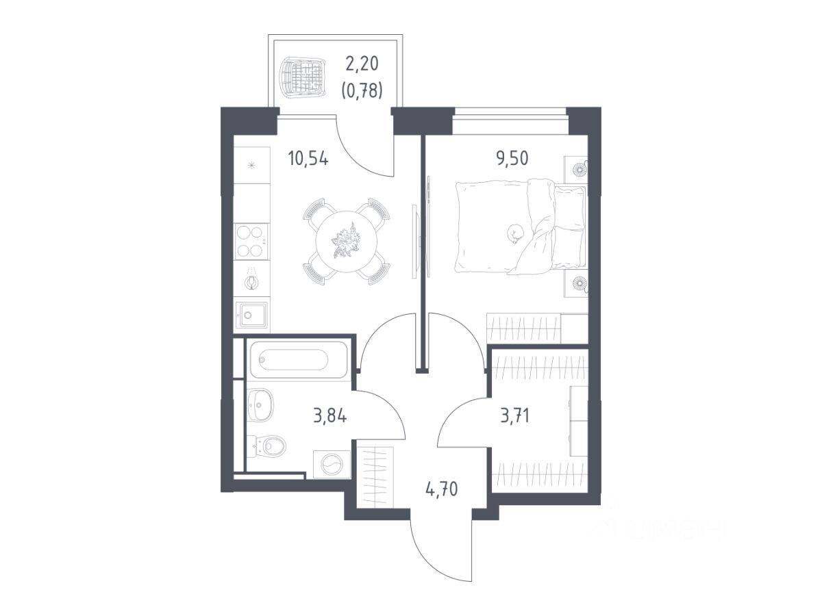 1-комн. квартира, 33,07 м², в ЖК Богдановский Лес