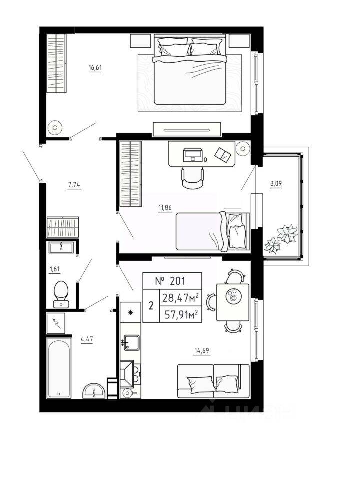 2-комн. квартира, 57,91 м², в Малоэтажный ЖК Аннино Сити