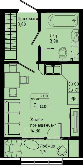 Квартира-студия, 23,8 м², в ЖК Pixel