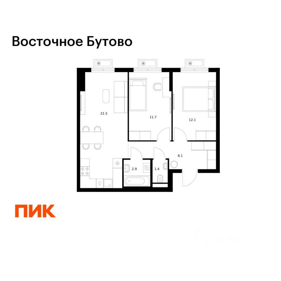 2-комн. квартира, 57,7 м², в ЖК «Восточное Бутово»