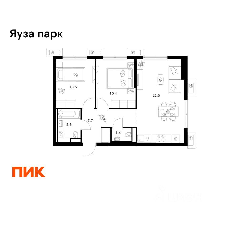 2-комн. квартира, 55,3 м², в ЖК Яуза парк (ПИК)