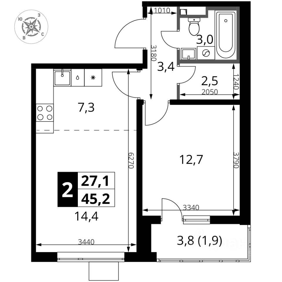 2-комн. квартира, 45,2 м², в ЖК 1-й Донской