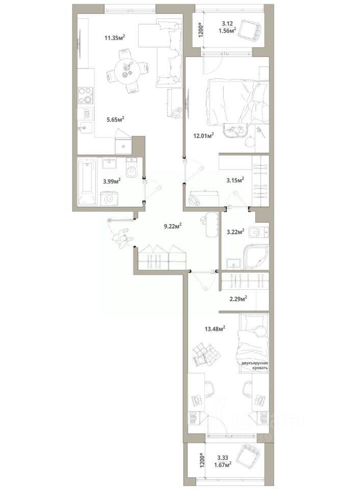 2-комн. квартира, 67,59 м², в ЖК «Тишин»