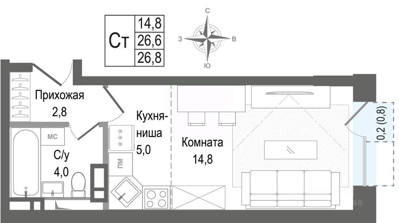 Планировка 1 комнатной квартиры, 26.6 м², в «Киноквартал»