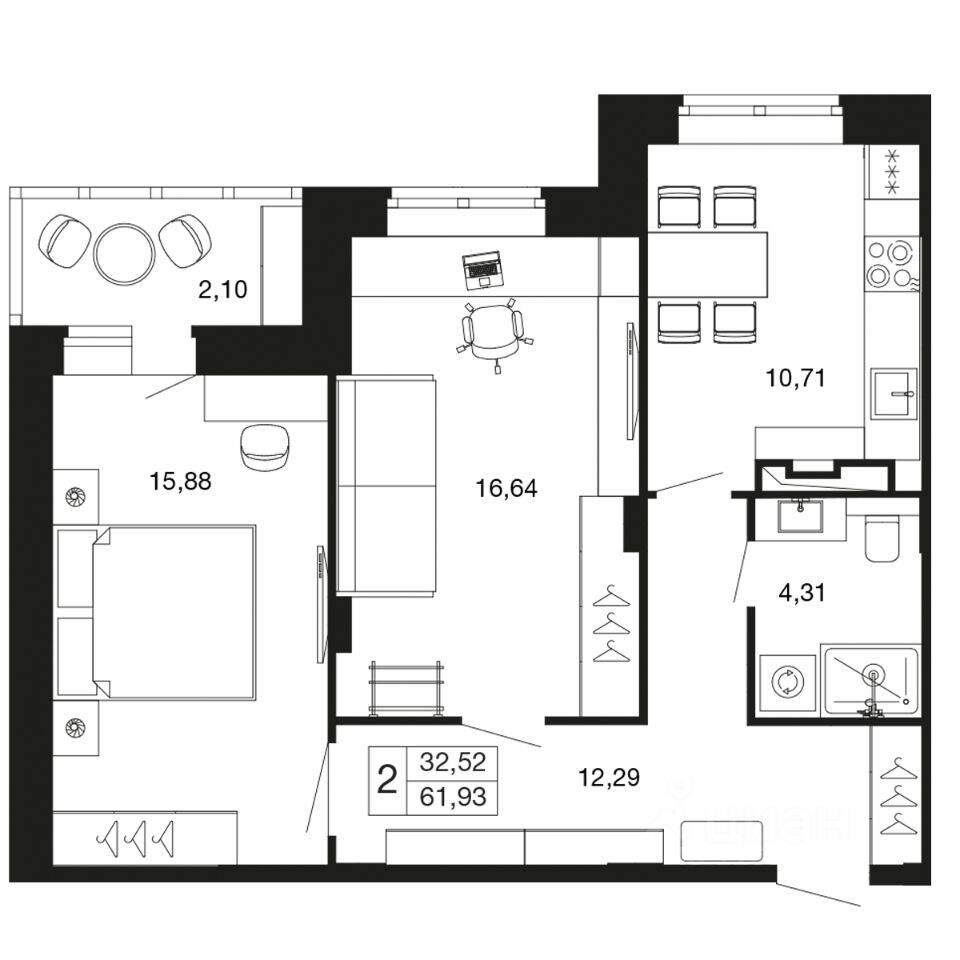 2-комн. квартира, 61,9 м², в ЖК «Времена года»