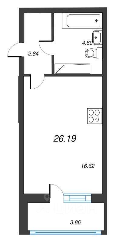 Планировка 1 комнатной квартиры, 26.19 м², в «Левитан»