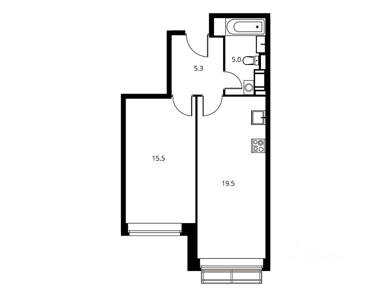 Планировка 2 комнатной квартиры, 46.4 м², в «Солнечный парк»