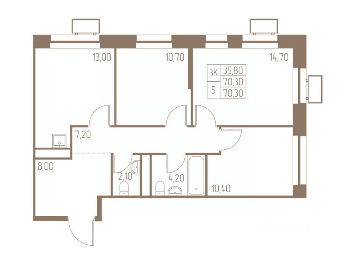 3-комн. квартира, 70,3 м², в ЖК Фабрикант