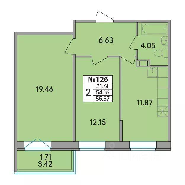 2-комн. квартира, 55,87 м², в ЖК Рождественский квартал