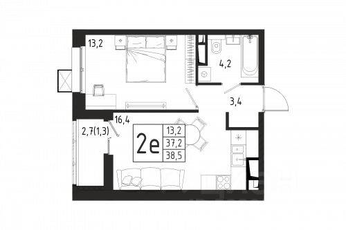 1-комн. квартира, 38,5 м², в ЖК «Берег»