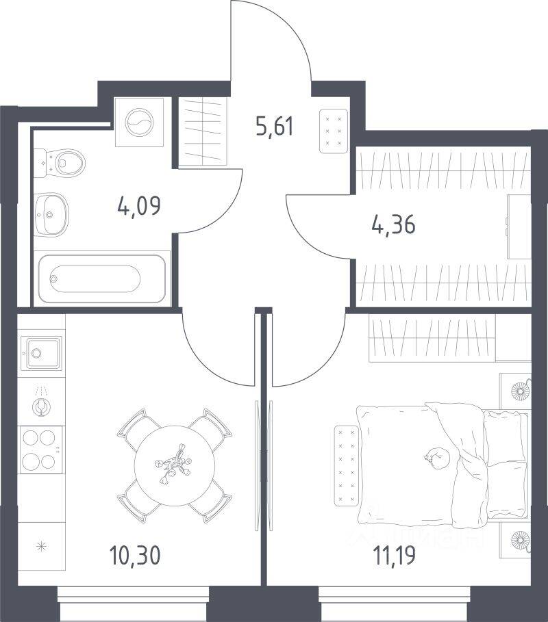 Планировка 1 комнатной квартиры, 35.55 м², в «Прибрежный Парк»