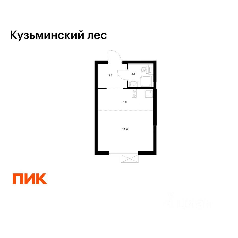Планировка 1 комнатной квартиры, 23.4 м², в «Кузьминский лес»