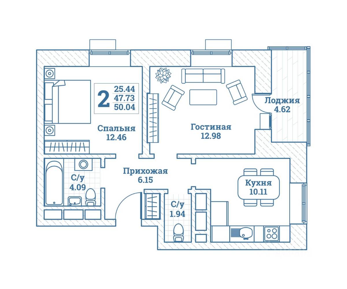 2-комн. квартира, 50,04 м², в ЖК Новоград Монино