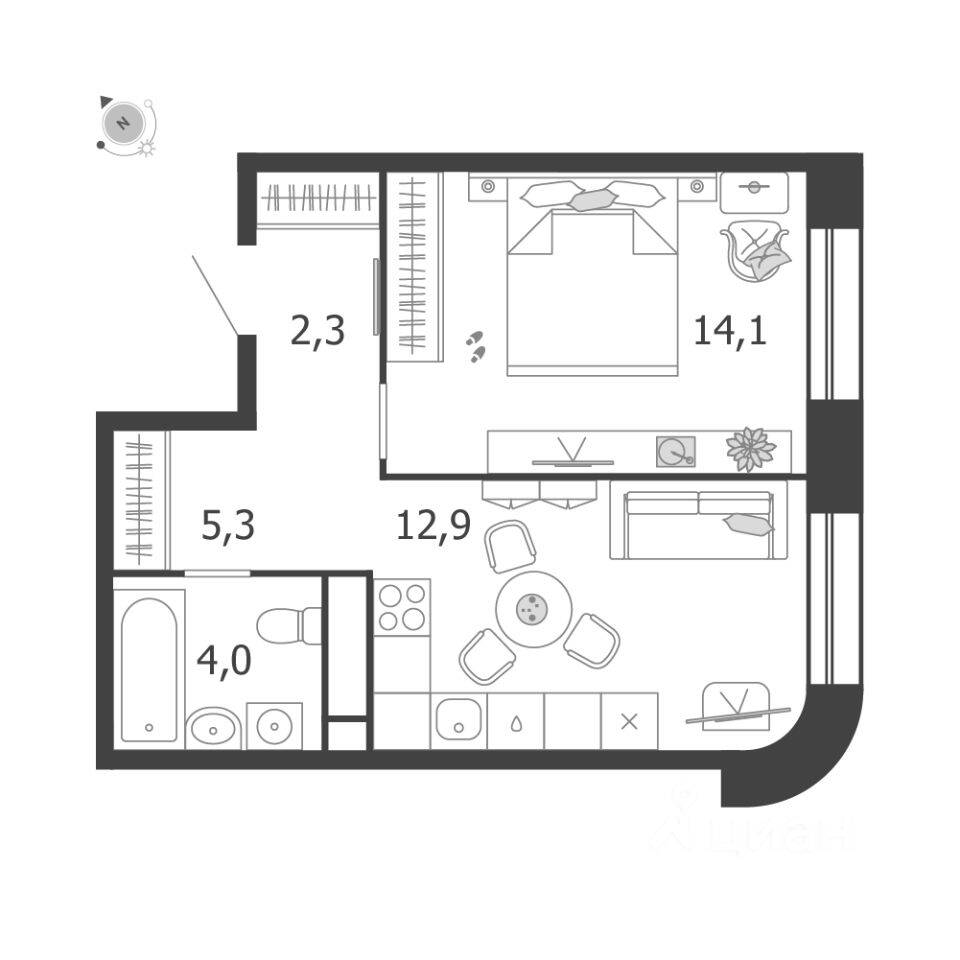 Планировка 1 комнатной квартиры, 38.6 м², в «Жилой квартал Shagal»