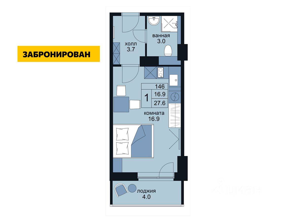 Планировка 1 комнатной квартиры, 27.6 м², в «WINGS апартаменты на Крыленко»