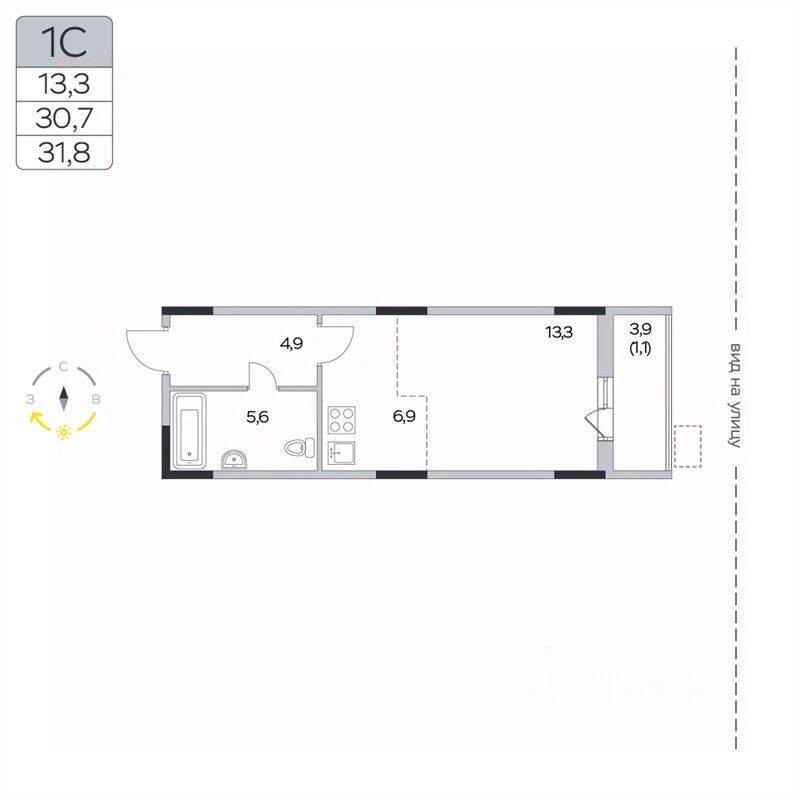 Квартира-студия, 31,8 м², в ЖК «Пироговская Ривьера»