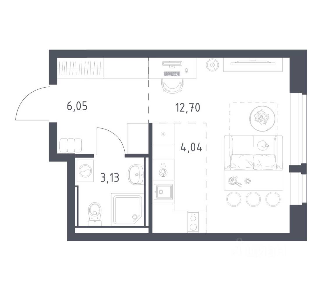Планировка 1 комнатной квартиры, 25.92 м², в «Егорово Парк»