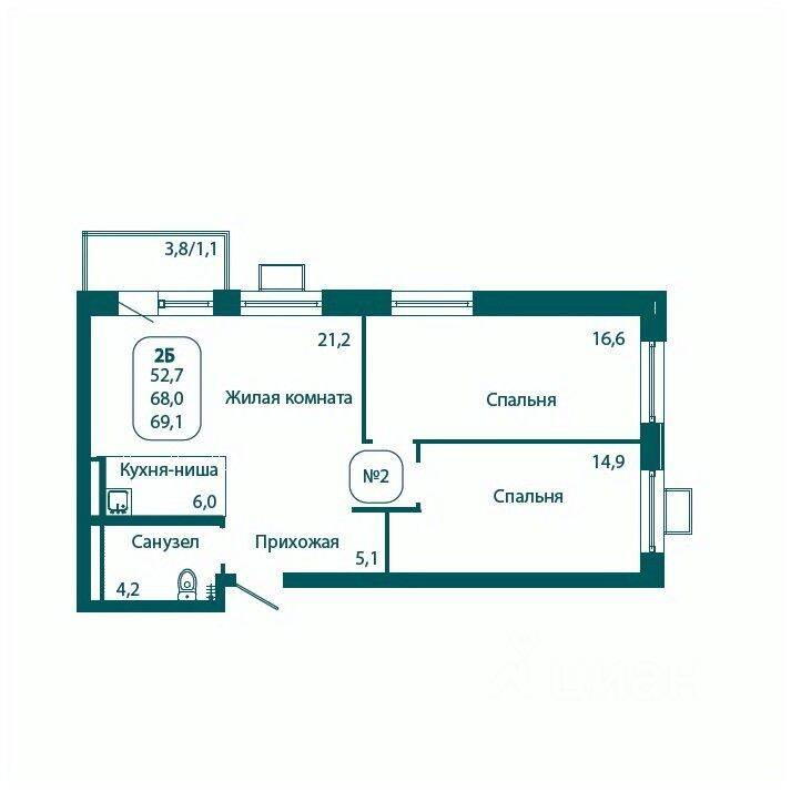 Планировка 2 комнатной квартиры, 69.1 м², в «Андреевка LIFE»