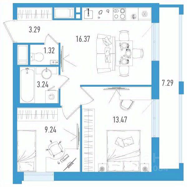 2-комн. квартира, 49,12 м², в ЖК Старлайт