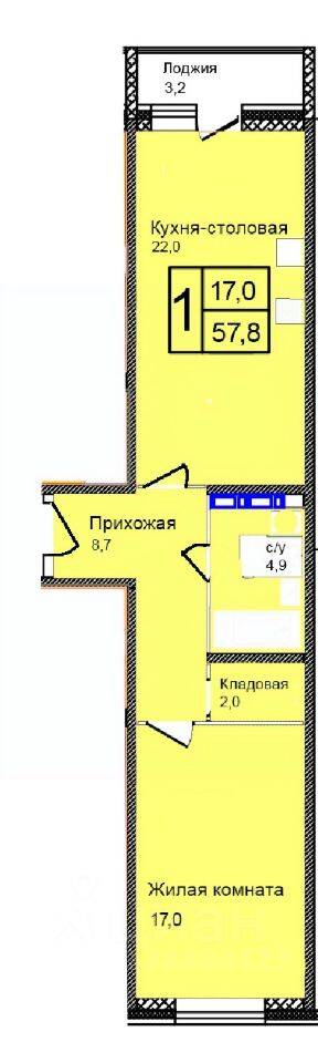 Планировка 1 комнатной квартиры, 57.8 м², в «Троицкий»