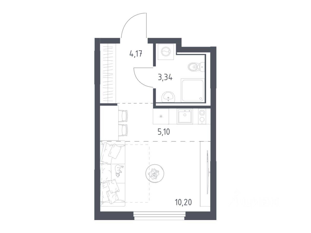 Квартира-студия, 22,81 м², в ЖК «Пригород Лесное»