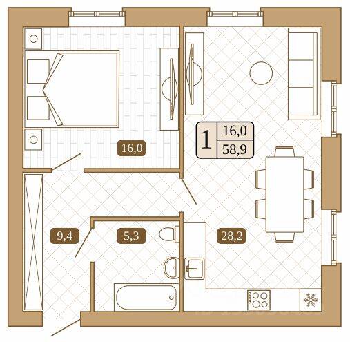 Планировка 1 комнатной квартиры, 58.9 м², в «Белый город (Сергиев Посад)»