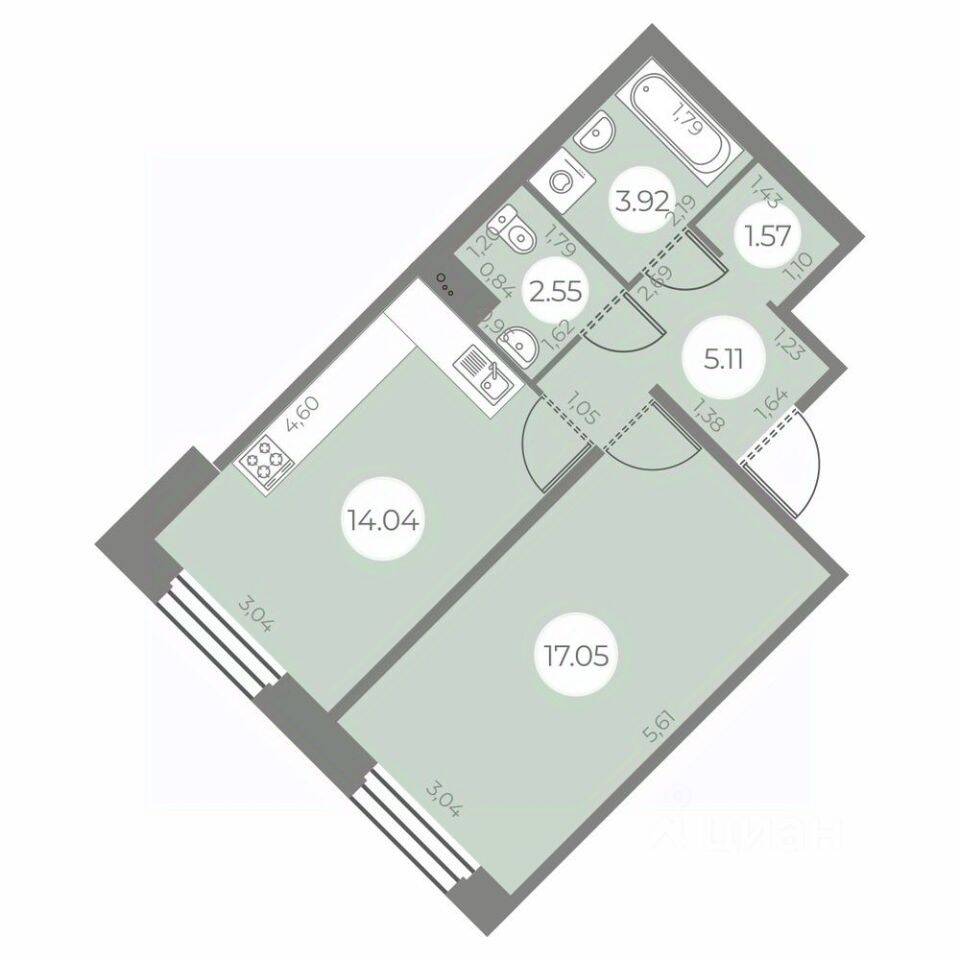 Планировка 1 комнатной квартиры, 44.24 м², в «Огни Залива»