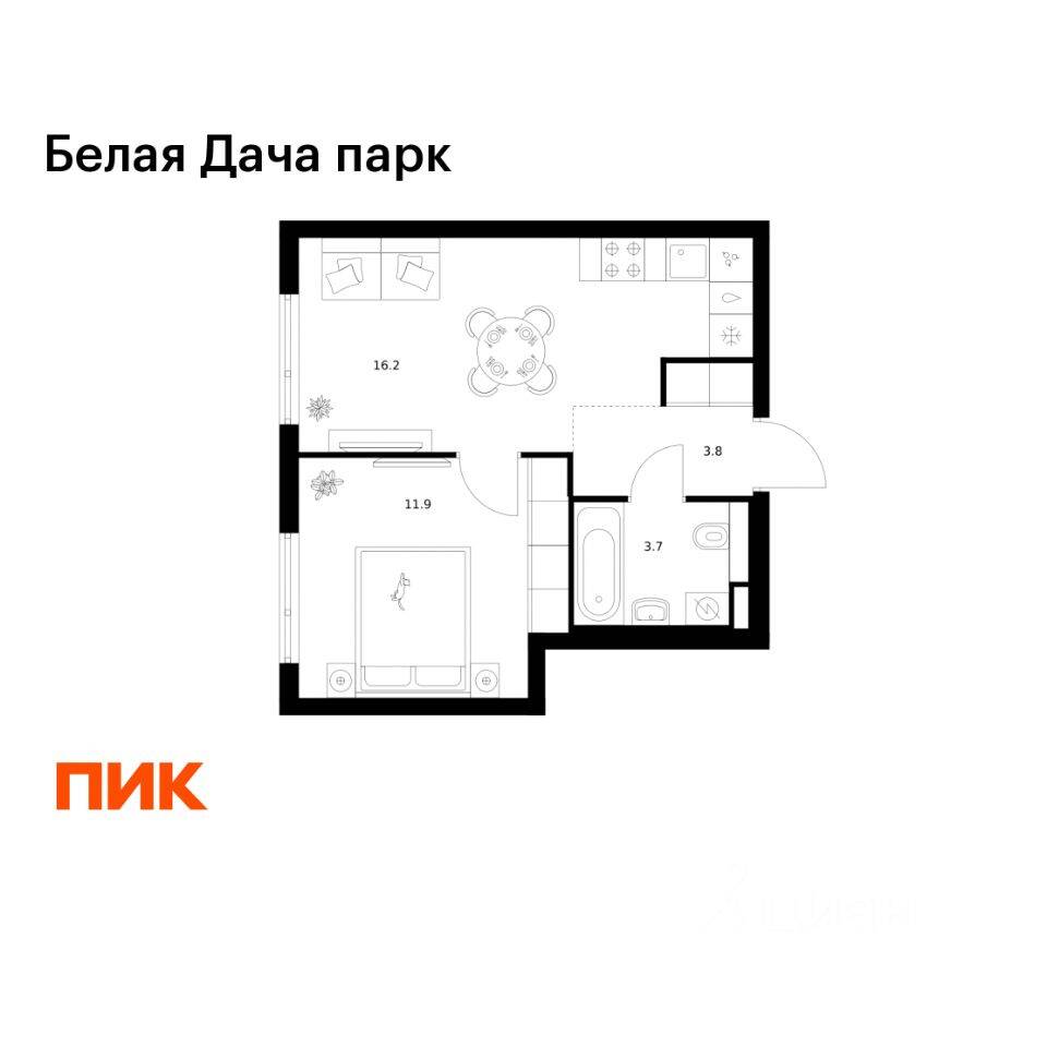 1-комн. квартира, 35,6 м², в ЖК «Белая Дача парк»